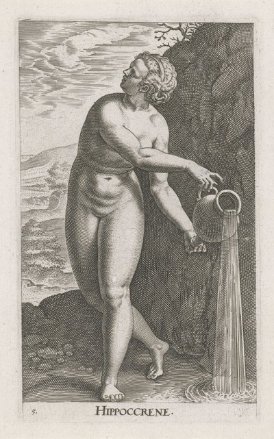 Waternimf Hippocrene Hippocrene (tytuł na obiekcie) Stroom- nimfa wodna (tytuł serii) Nympharum oceanitidum , Ephydridum potamidum naiadum (tytuł serii) autorstwa Philips Galle
