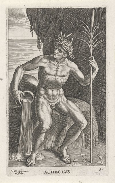 Zeegod Achelos Acheolvs (tytuł na obiekcie) Rivier- en zeegoden (tytuł serii) Eleganckie portrety morskich półbogów i pieczęci Amnicus (tytuł serii) autorstwa Philips Galle