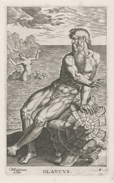 Zeegod Glaucus Glavcvs (tytuł na obiekcie) Rivier- en zeegoden (tytuł serii) Eleganckie portrety morskich półbogów i pieczęci Amnicus (tytuł serii) autorstwa Philips Galle