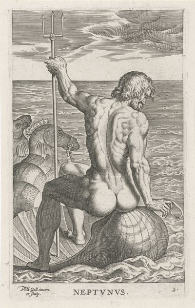 Zeegod Neptune Neptvnvs (tytuł na obiekcie) Rivier- en zeegoden (tytuł serii) Eleganckie portrety morskich półbogów i pieczęci Amnicus (tytuł serii) autorstwa Philips Galle
