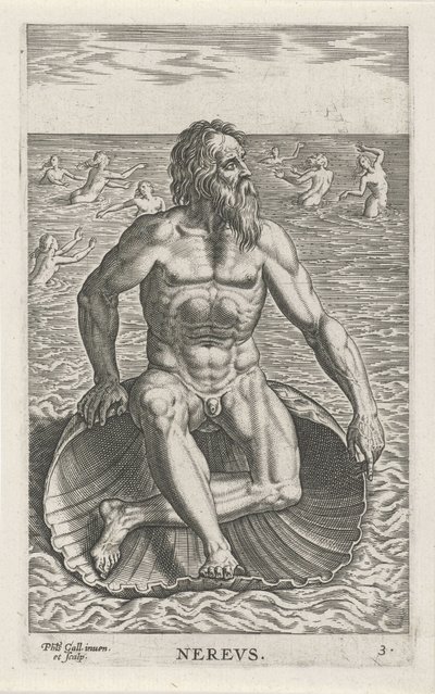 Zeegod Nereus Nerewy (tytuł na obiekcie) Rivier- en zeegoden (tytuł serii) Eleganckie portrety morskich półbogów i pieczęci Amnicus (tytuł serii) autorstwa Philips Galle