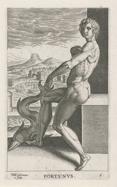 Zeegod Portunus Portvnvs (tytuł na obiekcie) Rivier- en zeegoden (tytuł serii) Eleganckie portrety morskich półbogów i pieczęci Amnicus (tytuł serii) autorstwa Philips Galle