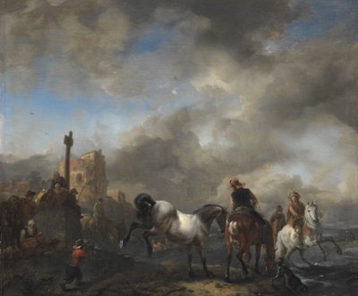 Staw w pobliżu kamienia granicznego autorstwa Philips Wouwerman