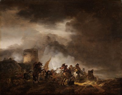 Walka między kawalerzystami a piechotą przed fortyfikacją autorstwa Philips Wouwerman