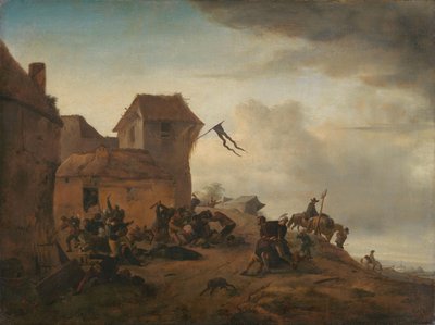 Chłopi walczący w pobliżu wioski autorstwa Philips Wouwerman