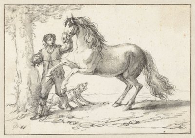 Młody mężczyzna trzymający za uzdę konia, przestraszony szczekającym psem autorstwa Philips Wouwerman