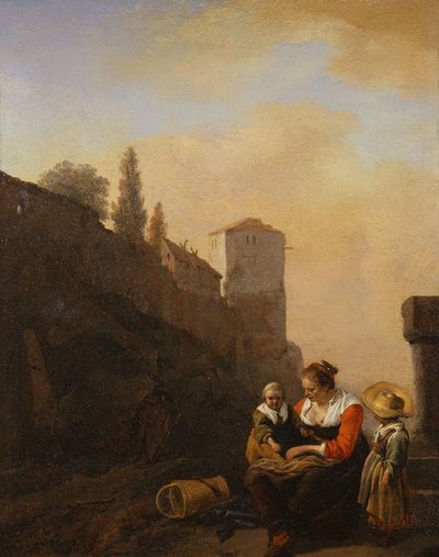 Chłop i dwoje dzieci odpoczywają przed wieżą we Włoszech (olej na płótnie) autorstwa Philips Wouwermans or Wouvermans