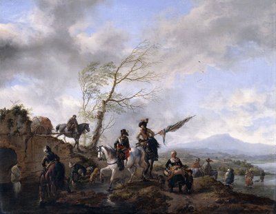 Rozległy krajobraz rzeczny z żołnierzami i chorążym podlewającymi konie, autorstwa Philips Wouwerman