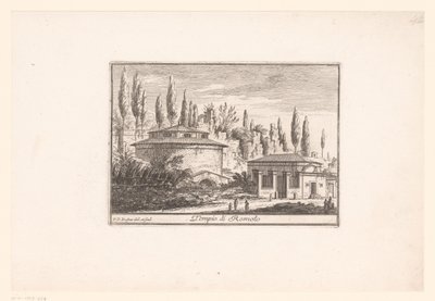 Widok świątyni Romulusa Tempio di Romolo (tytuł na obiekcie) Widoki starożytnego i współczesnego Rzymu (tytuł serii) Varie Vedute di Roma Antica, e Moderna (tytuł serii) autorstwa Philothée Francois Duflos
