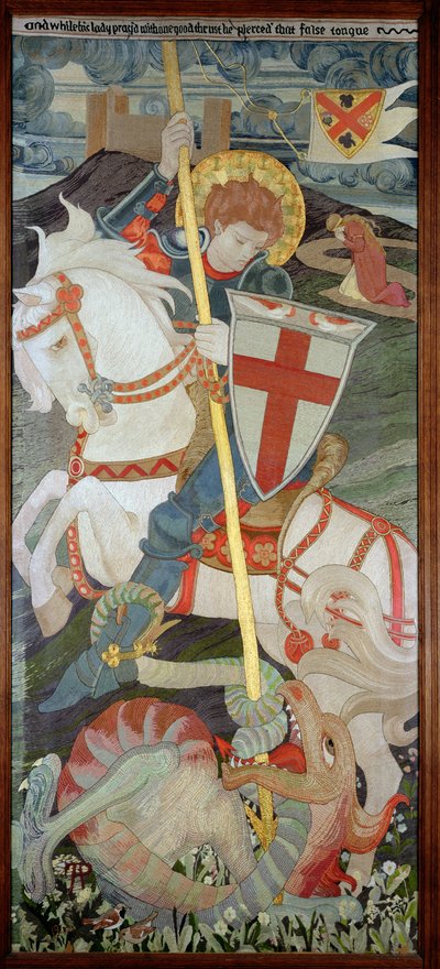 Św. Jerzy zabijający smoka, z modlitwą Uny w tle, 1904 (haft) (patrz także 141949 i 51) autorstwa Phoebe Anna Traquair
