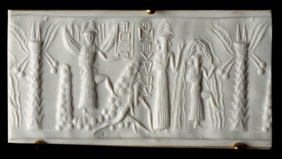 Cywilizacja fenicka: bóg wody mówi pieczęć „Narodziny wiosny”. 2200 pne. Od Tello. Paryskie Muzeum Luwru autorstwa Phoenician Phoenician