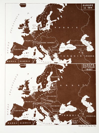 Mapa Europy w 1914 r. i Europy w 1932 r., z Histoire de la Troisieme Republique, t. I, Historia polityczna, wyd. 1933 (kolor lito) autorstwa Photographer French