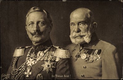 Ak Cesarz Prus Wilhelm II z cesarzem Austrii Franciszkiem Józefem I, lojalność (zdjęcie czarno-białe) autorstwa Photographer German