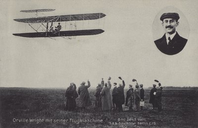 Amerykański lotnik Orville Wright i jego latająca maszyna (zdjęcie czarno-białe) autorstwa Photographer German
