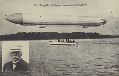 Graf Ferdinand von Zeppelin i jeden z jego sterowców (zdjęcie czarno-białe) autorstwa Photographer German