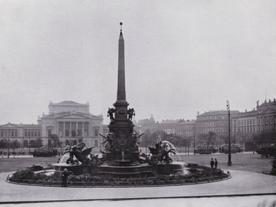 Lipsk: Fontanna Mende na Augustusplatz i Nowy Teatr (zdjęcie czarno-białe) autorstwa Photographer German