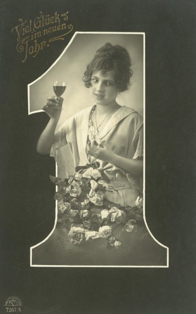 Kartka noworoczna z dziewczyną wznoszącą toast (zdjęcie czarno-białe) autorstwa Photographer German