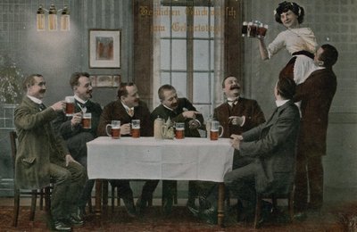 Pocztówka przedstawiająca Niemców pijących piwo i bawiących się z kelnerką, wysłana w 1913 r. (zdjęcie ręcznie kolorowane) autorstwa Photographer German