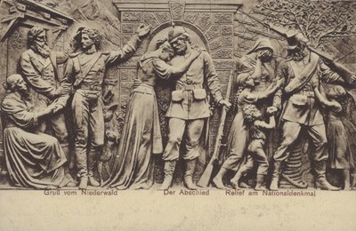 Pożegnanie, płaskorzeźba na Nationaldenkmal, pomnik upamiętniający zjednoczenie Niemiec, Rudesheim am Rhein, Hesja (zdjęcie czarno-białe) autorstwa Photographer German
