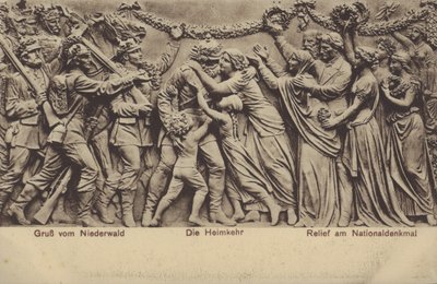 Powrót do domu, płaskorzeźba na Nationaldenkmal, pomnik upamiętniający zjednoczenie Niemiec, Rudesheim am Rhein, Hesja (zdjęcie czarno-białe) autorstwa Photographer German