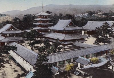 Japonia, ok. 1912: Horyu-ji, najstarsza świątynia buddyjska w Japonii, zbudowana około 1300 lat temu, Yamato (zdjęcie) autorstwa Photographer Japanese