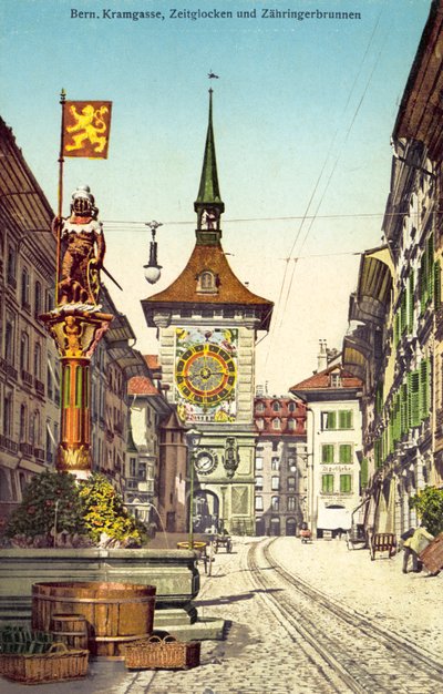 Wieża zegarowa Zytglogge i fontanna Zahringerbrunnen, Kramgasse, Berno, Szwajcaria (zdjęcie kolorowe) autorstwa Photographer Swiss