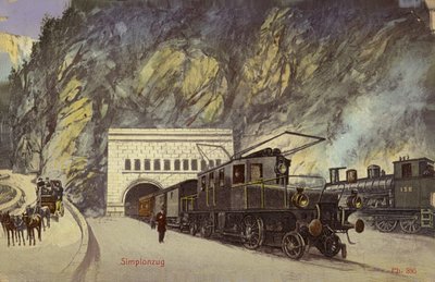 Pociąg przy wjeździe do tunelu Simplon (zdjęcie kolorowe) autorstwa Photographer Swiss
