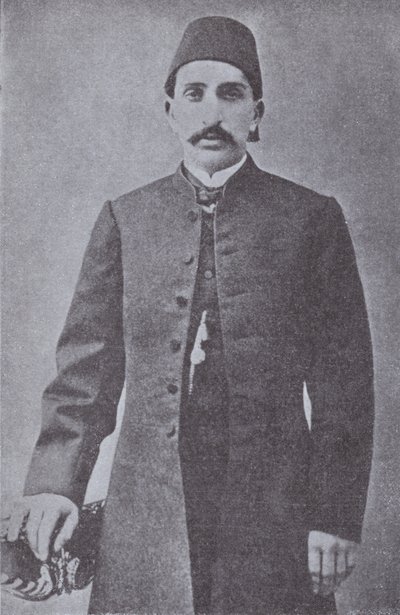 Abdul Hamid II, sułtan Imperium Osmańskiego, obalony przez Młodych Turków w 1909 (zdjęcie czarno-białe) autorstwa Photographer Turkish
