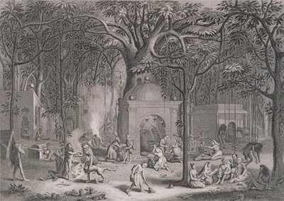 Hinduscy fakirowie praktykujący swoje przesądne obrzędy, grawerowane przez Bella, z World Religion, wydane przez A. Fullarton & Co. autorstwa Picart