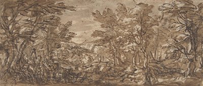 Scena leśna, postój na lewo, polowanie w centrum, 1612-66. autorstwa Pier Francesco Mola