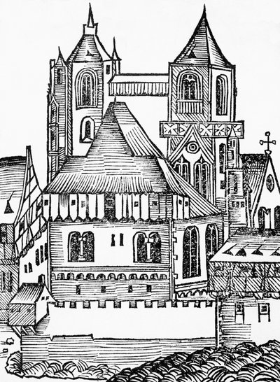 Opactwo Montecassino, drzeworyt niemiecki, z Kroniki Norymberskiej (Liber Chronicarum) Hartmanna Schedla autorstwa Blaise Nicolas Le Sueur