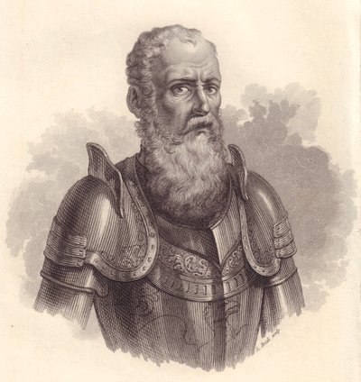Portret włoskiego dowódcy wojskowego Ezzelino III da Romano lub Ecelino da Romano (1194-1259), miedzioryt autorstwa Blaise Nicolas Le Sueur