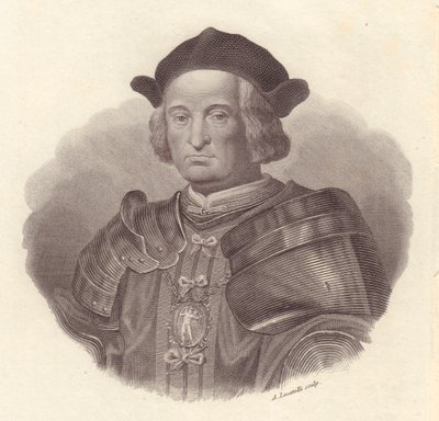 Portret włoskiego dowódcy wojskowego i polityka Gian Giacomo Trivulzio (1440-1518), miedzioryt Locatelli autorstwa Blaise Nicolas Le Sueur