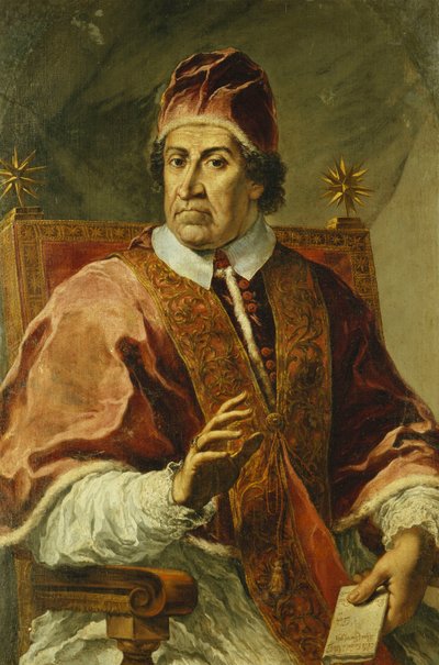 Portret papieża Klemensa XI siedzącego do połowy długości, w papieskiej szacie, trzymającego list, autorstwa Pier Leone Ghezzi
