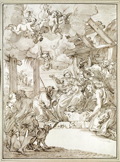 Adoracja pasterzy (pióro i tusz) autorstwa Pier Leone Ghezzi