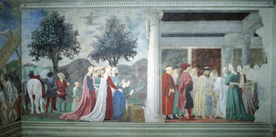 Fragment z Legendy o prawdziwym krzyżu ukazujący adorację Świętego Lasu i spotkanie królowej Saby i króla Salomona — Piero della Francesca autorstwa Piero della Francesca