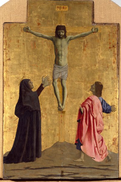 Poliptyk Misericorde: Dziewica Misericorde, otoczona świętymi. Detal przedstawiający ukrzyżowanie z napisem „INRI” na krzyżu Obraz na drewnie Piero della Francesca (1415/20-1492) 1445-1460 Wym. 81x52,5 cm Sansepolcro, Pinakoteka C autorstwa Piero della Francesca