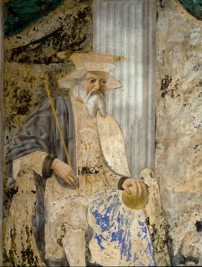 Portret Sigismondo Pandolfo Malatesta (1417-1468) w modlitwie przed San Sigismondo (Sigismondo). Szczegół świętego. Fresk Pietro di Benedetto dei Franceschi dit Piero della Francesca (1422-1492) autorstwa Piero della Francesca