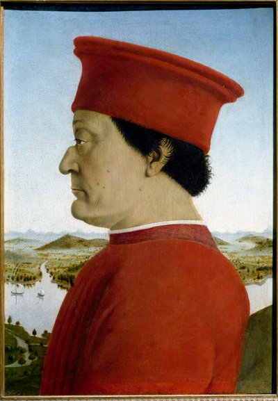 Portrety Federico de Montefeltro, księcia Urbino i Battisty Sforzy. Detal przedstawiający Federico da Montefeltro autorstwa Piero della Francesca