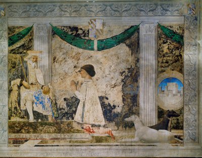 Sigismondo Pandolfo Malatesta, władca Rimini, klęczący przed swoim patronem, świętym Zygmuntem, świętym królem Burgundii (fresk) autorstwa Piero della Francesca