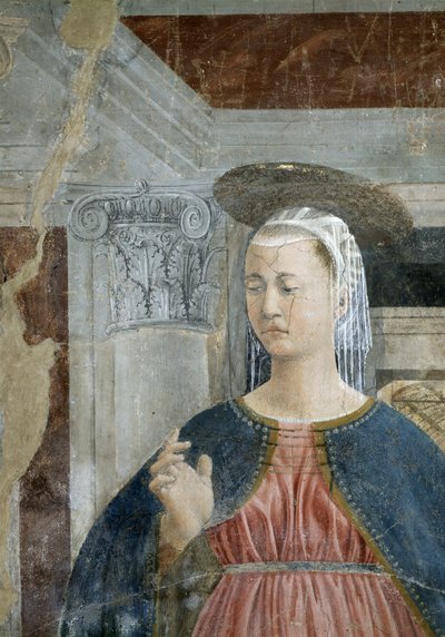 Legenda o prawdziwym krzyżu, Zwiastowanie, detal Matki Boskiej, ukończony detal fresku 1464 z 58292 autorstwa Piero della Francesca