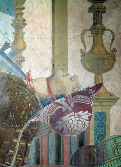 Legenda o prawdziwym krzyżu, bitwa pod Herakliuszem i Chosroes, fragment mężczyzny z poderżniętym gardłem, ukończony fresk z 1464 roku autorstwa Piero della Francesca