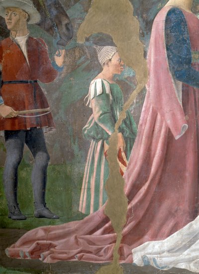 Legenda o prawdziwym krzyżu, królowa Saby wielbiąca drzewo krzyża, szczegół sługi, ukończony fresk z 1464 r. autorstwa Piero della Francesca