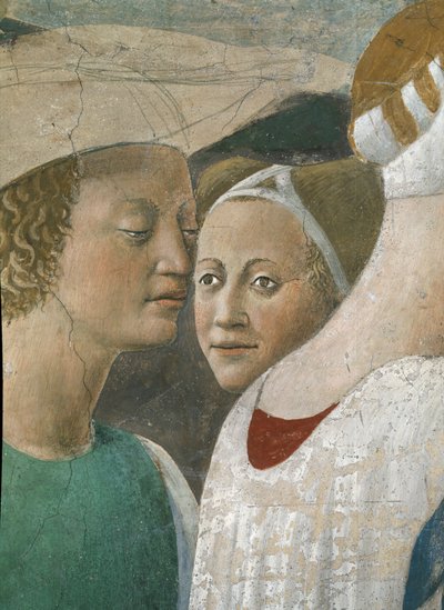 Legenda o prawdziwym krzyżu, królowa Saby czcząca drzewo krzyża, fragment dwóch pomocników, ukończony fresk z 1464 r. autorstwa Piero della Francesca