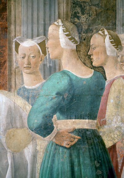 Legenda o prawdziwym Krzyżu, Królowa Saby czcząca drewno Krzyża, szczegóły trzech kobiet towarzyszących, ukończony fresk w 1464 r. autorstwa Piero della Francesca
