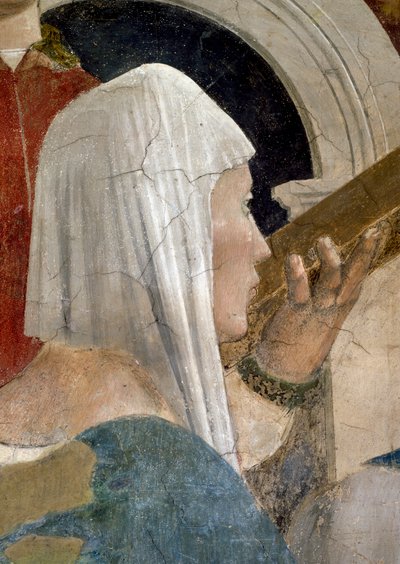 Legenda o Krzyżu Prawdziwym, Weryfikacja Krzyża, detal Królowej Saby całującej krzyż, ukończony fresk z 1464 roku autorstwa Piero della Francesca