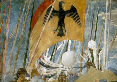 Legenda o prawdziwym krzyżu, zwycięstwo Konstantyna w bitwie pod mostem Mulwijskim, fragment sztandaru, ukończony fresk z 1464 r. autorstwa Piero della Francesca