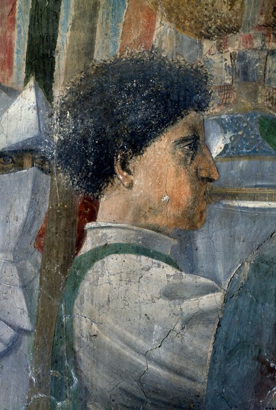 Legenda o prawdziwym krzyżu, zwycięstwo Konstantyna w bitwie pod mostem Mulwijskim, fragment żołnierza dmącego w trąbę, ukończony fresk z 1464 roku autorstwa Piero della Francesca