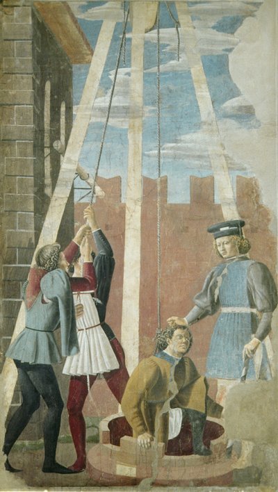Tortury Żyda: Judasz wyciągnięty ze studni, z cyklu Prawdziwego Krzyża, ukończony 1464 (fresk) autorstwa Piero della Francesca