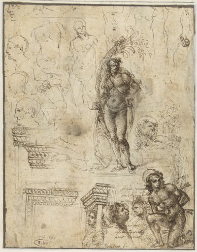 Arkusz do nauki z głowami, figurami i fragmentami architektonicznymi Karta pracy z głowami, figurami i fragmentami architektonicznymi autorstwa Piero di Cosimo (attributed to)